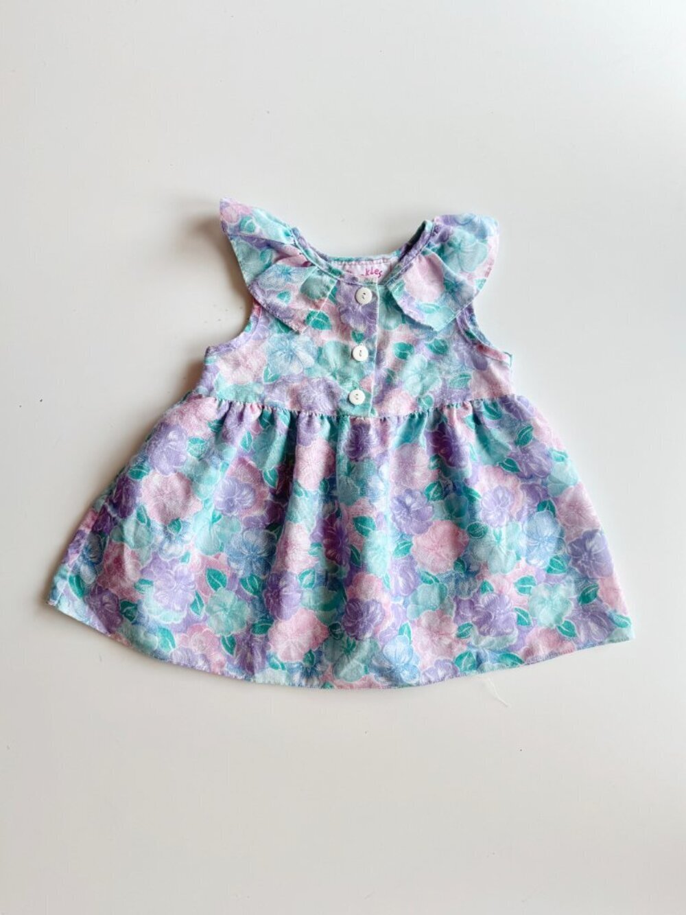 Vintage Baby Girl CHUCKLES Blue Purple Floral Poly Cotton Prairie Dress, Size 2